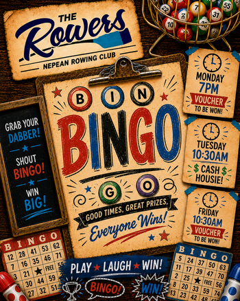 Bingo game poster advertising a themed event at the Nepean Rowing Club, featuring a Bingo game with good times and prizes, and scheduled for Monday and Friday at specific times with vouchers and cash prizes, surrounded by bingo cards, balls, and a wooden clipboard.