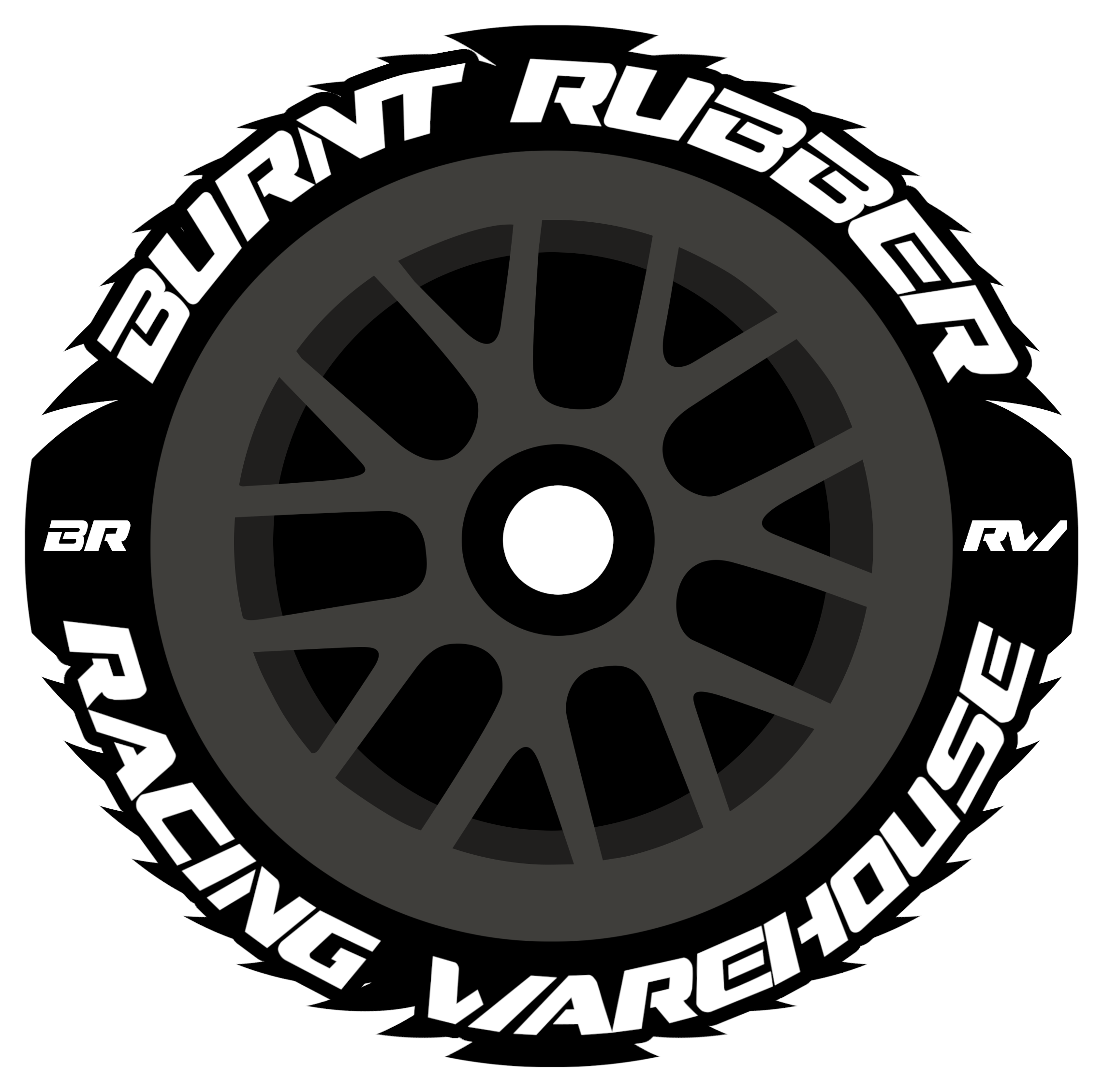 A circular graphic with a tire pattern in the center and bold stylized text around the rim that reads 'POWER, RUBE, RACE, VOR,' on a black background.