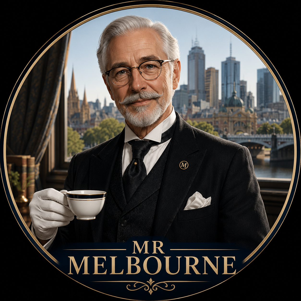 A distinguished elderly man with gray hair and glasses, dressed in a black tuxedo with a white shirt, black vest, and tie, holding a tea cup. He stands in front of a window with a city skyline, including tall buildings and a river, behind him. The image is framed with a circular border and features the text 'Mr Melbourne' at the bottom.