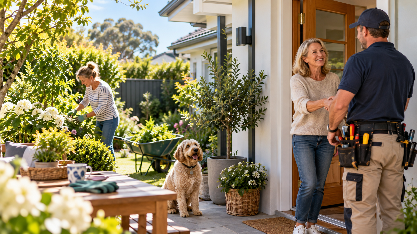 Homeowner greeting a local tradesperson outside a Melbourne home while a gardener works in the garden.