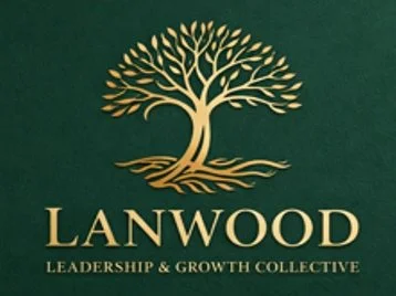 Gold logo of a tree with the word 'LANWOOD' and the subtitle 'Leadership & Growth Collective' underneath, against a dark green background.