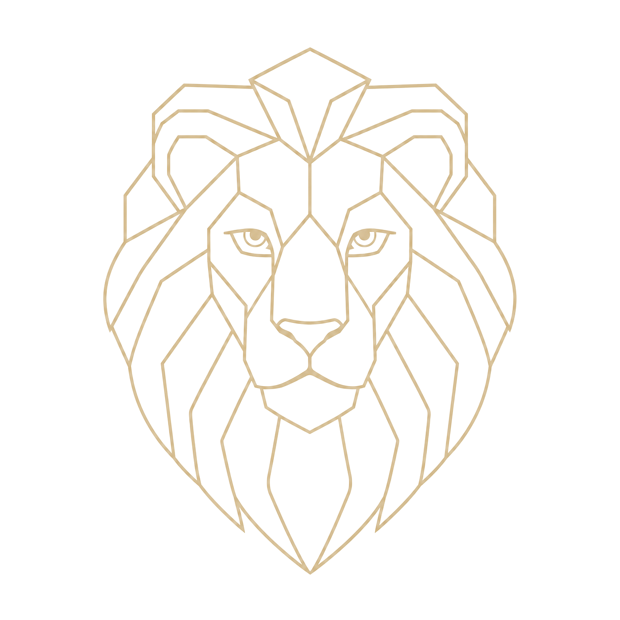 Stylized lion's head outlined in gold on a black background.