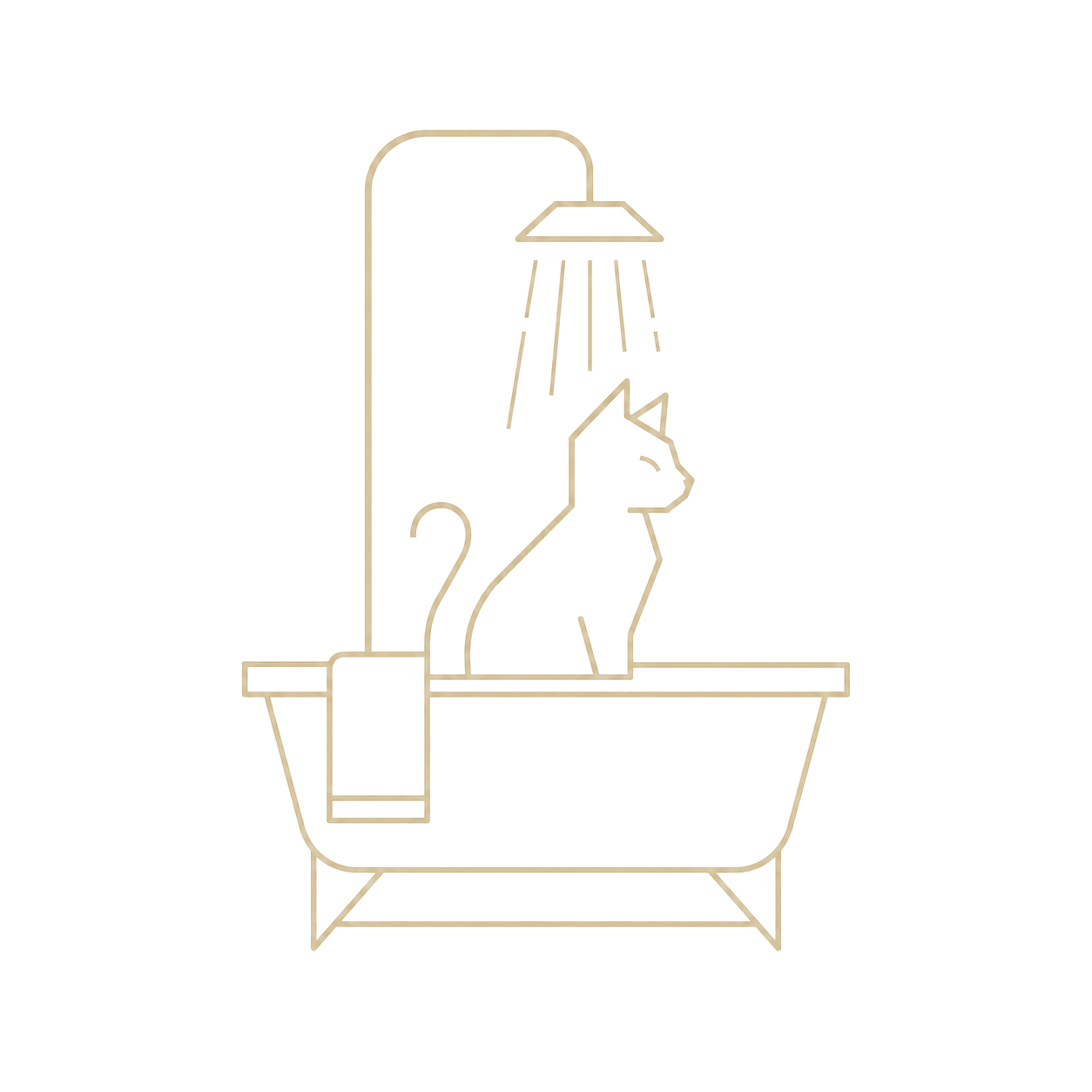 Line drawing of a bathroom with a bathtub, a cat sitting inside the bathtub, a shower above the bathtub, and a towel holder.