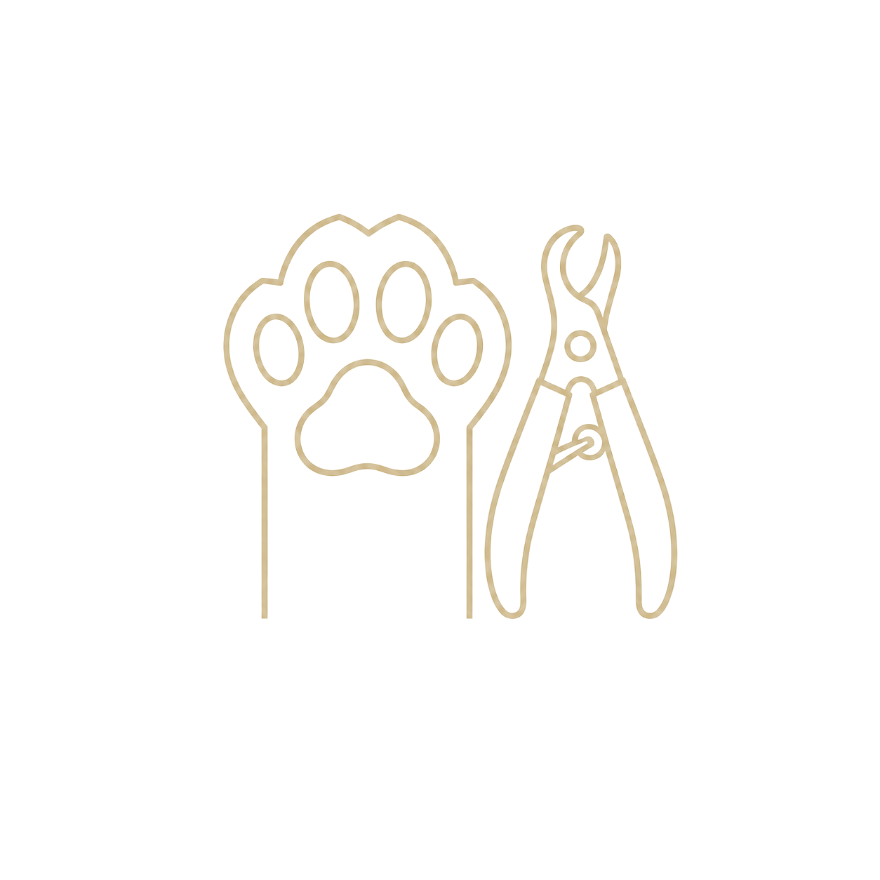Stylized gold line drawing of a paw print and a pair of pet grooming scissors on a black background.