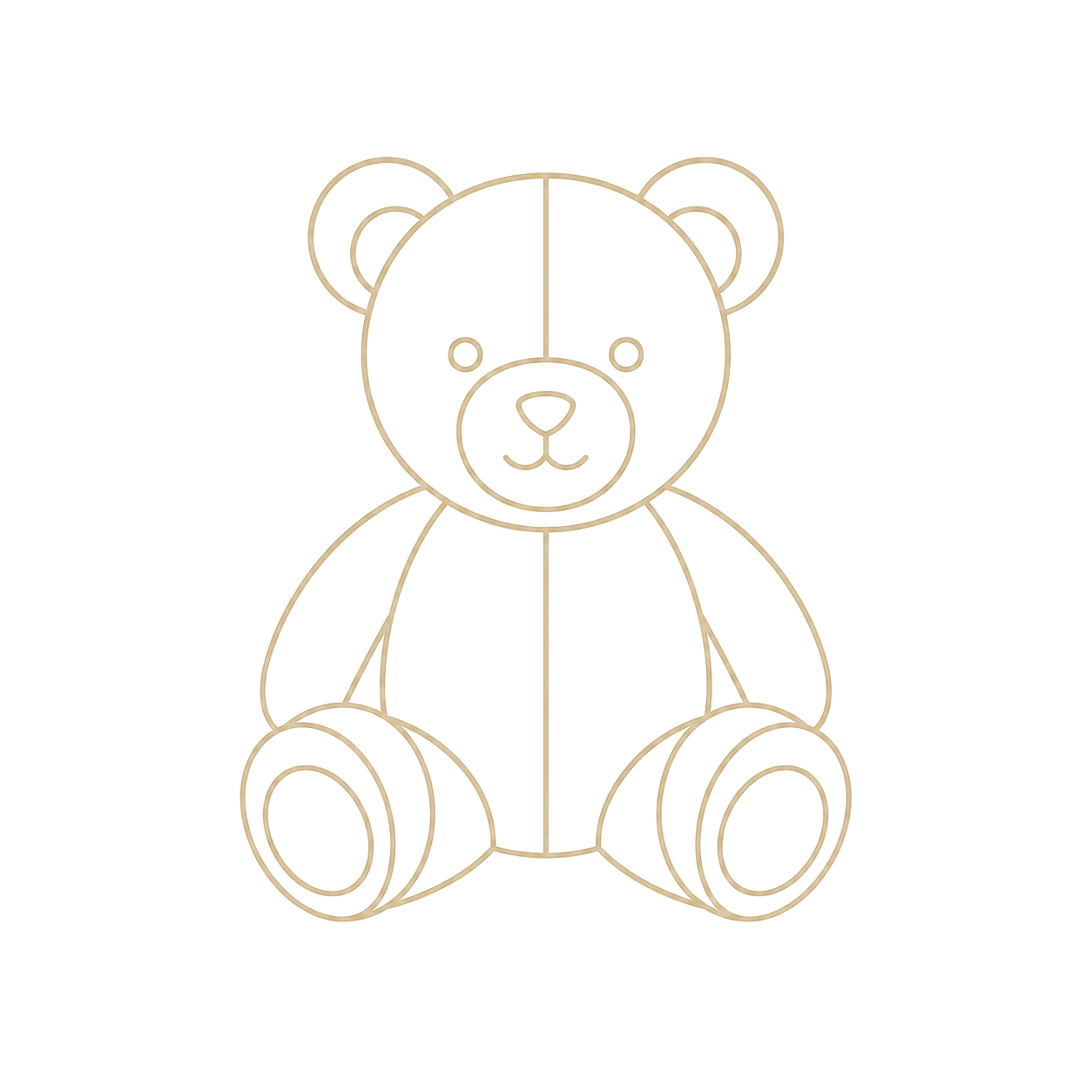 Line drawing of a teddy bear with round ears, smiling face, sitting on black background.