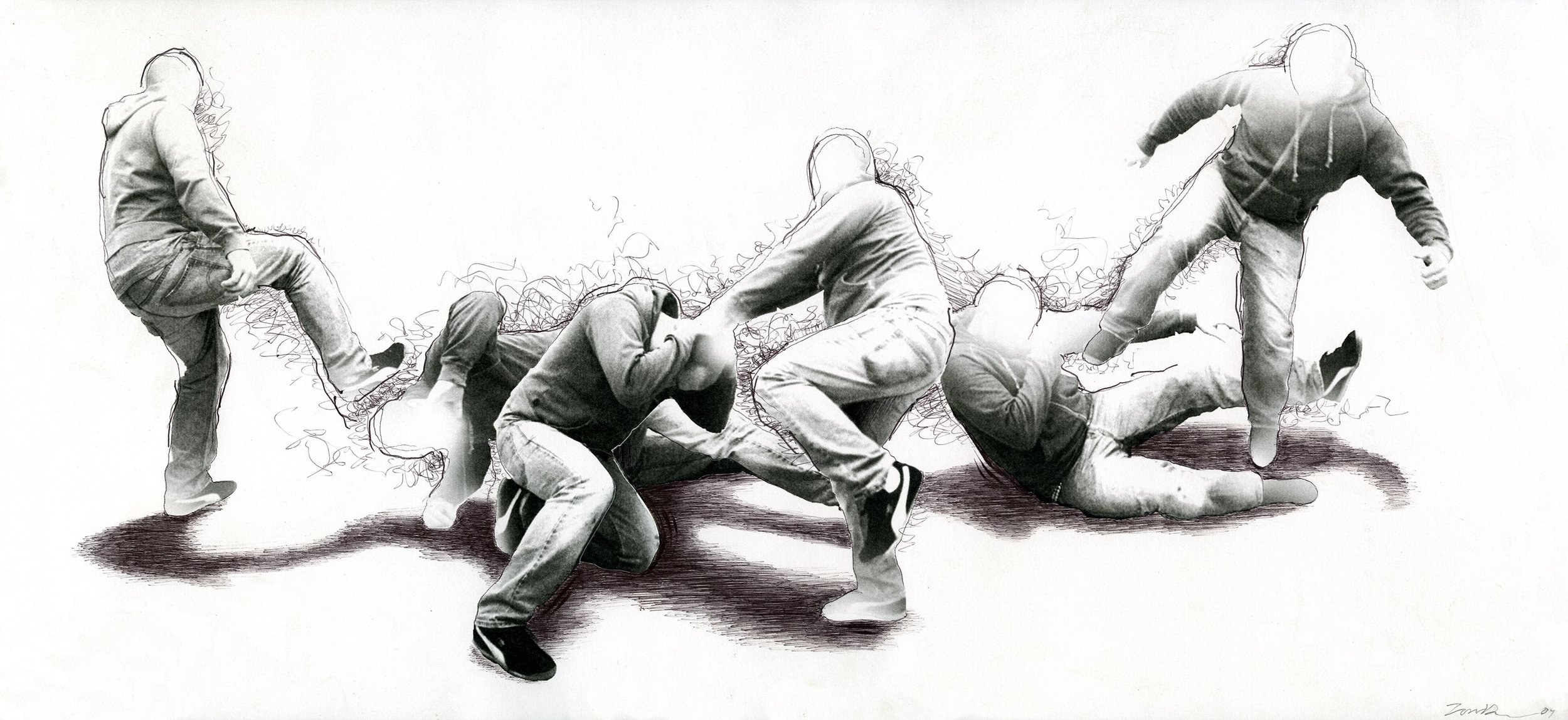 a black and white drawing and photo composite of a man fighting himself in multiple poses wearing a hoody and jeans