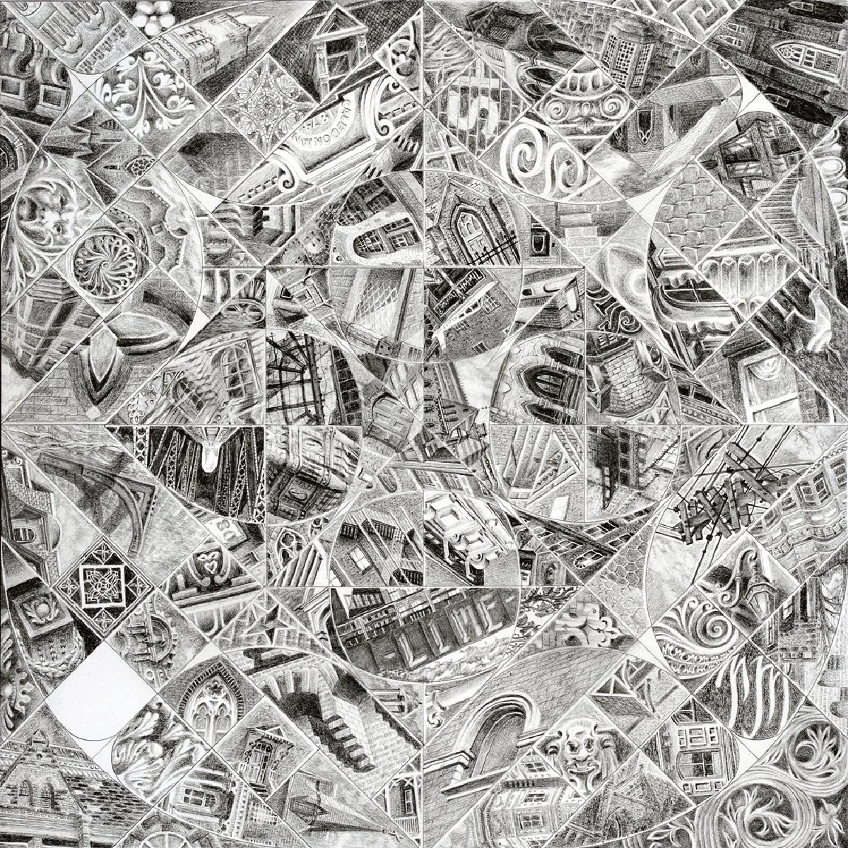 black and white abstract geometric mandala drawing with intricate details of buildings throughout