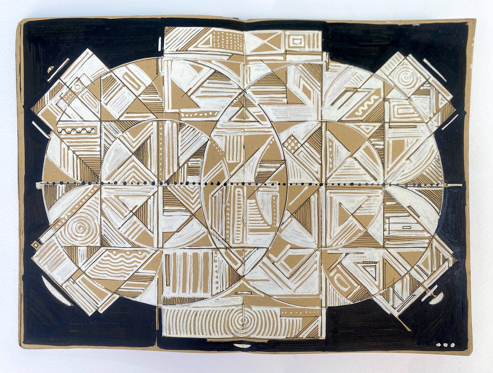 A black and white abstract artwork with geometric patterns, lines, and shapes on a rectangular surface, arranged in a grid-like pattern, with a dark border surrounding it.