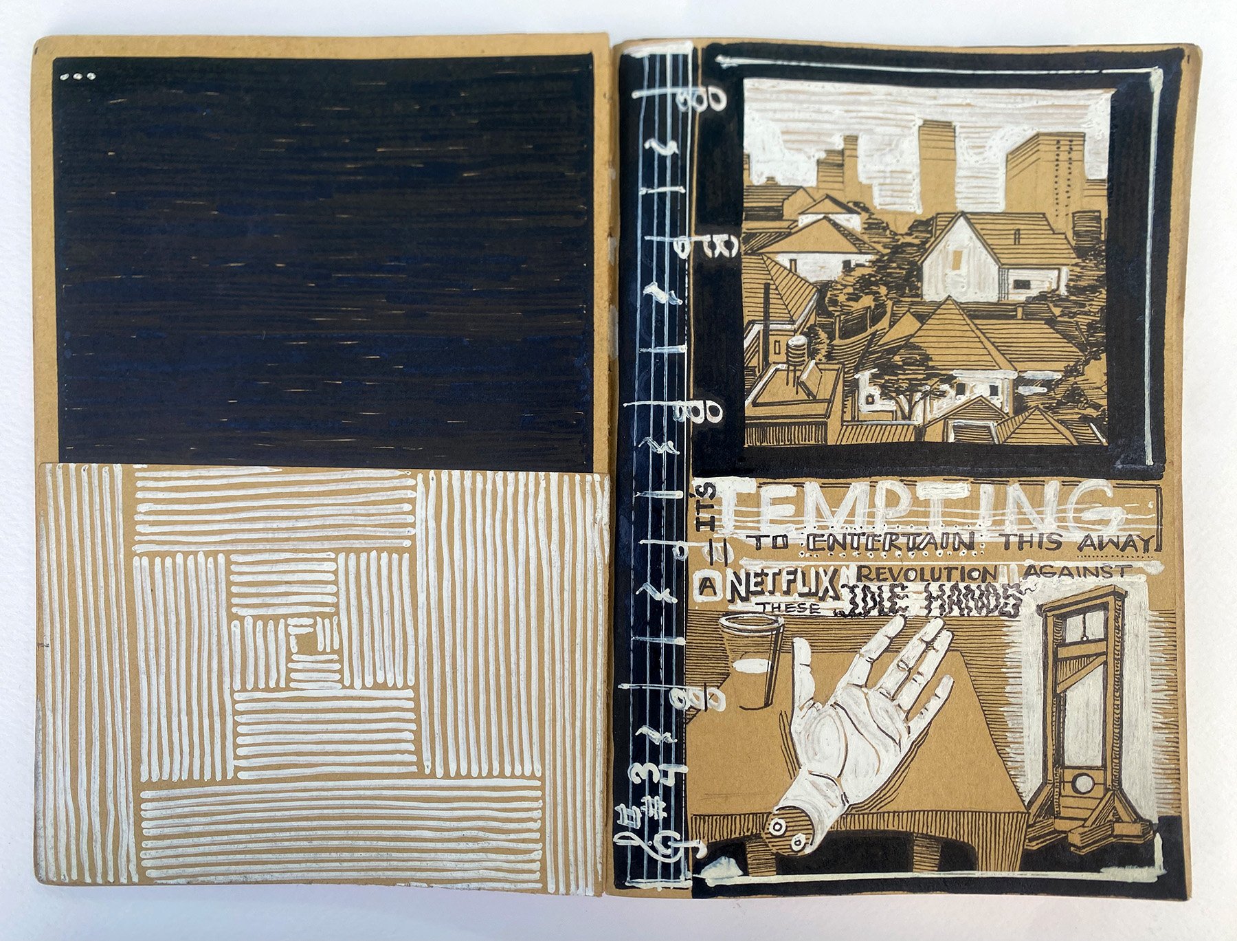 Open sketchbook with cityscape sketch on right page and pattern on left page. The right page has a black border, drawn buildings, and a hand illustration.