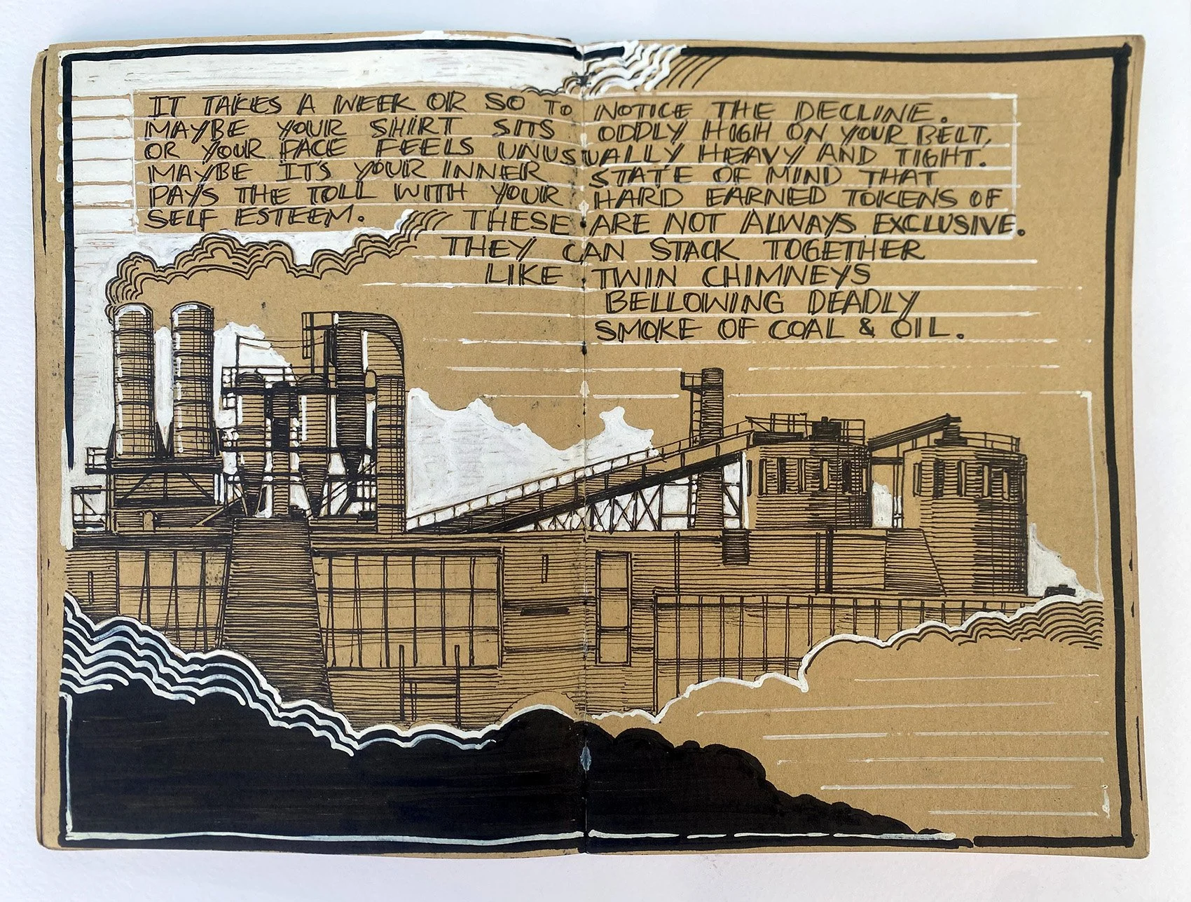 A drawing of an industrial factory with chimneys billowing smoke, situated behind a wooden fence, on a brown paper background with handwritten notes about work and self-esteem.
