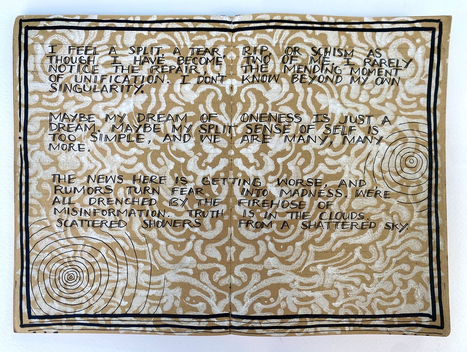 A handwritten poem on paper with a decorative gold and white patterned background and a black border. The poem discusses feelings of splitting, tears, and confusion, with references to rumors, misinformation, and a shattering sky.