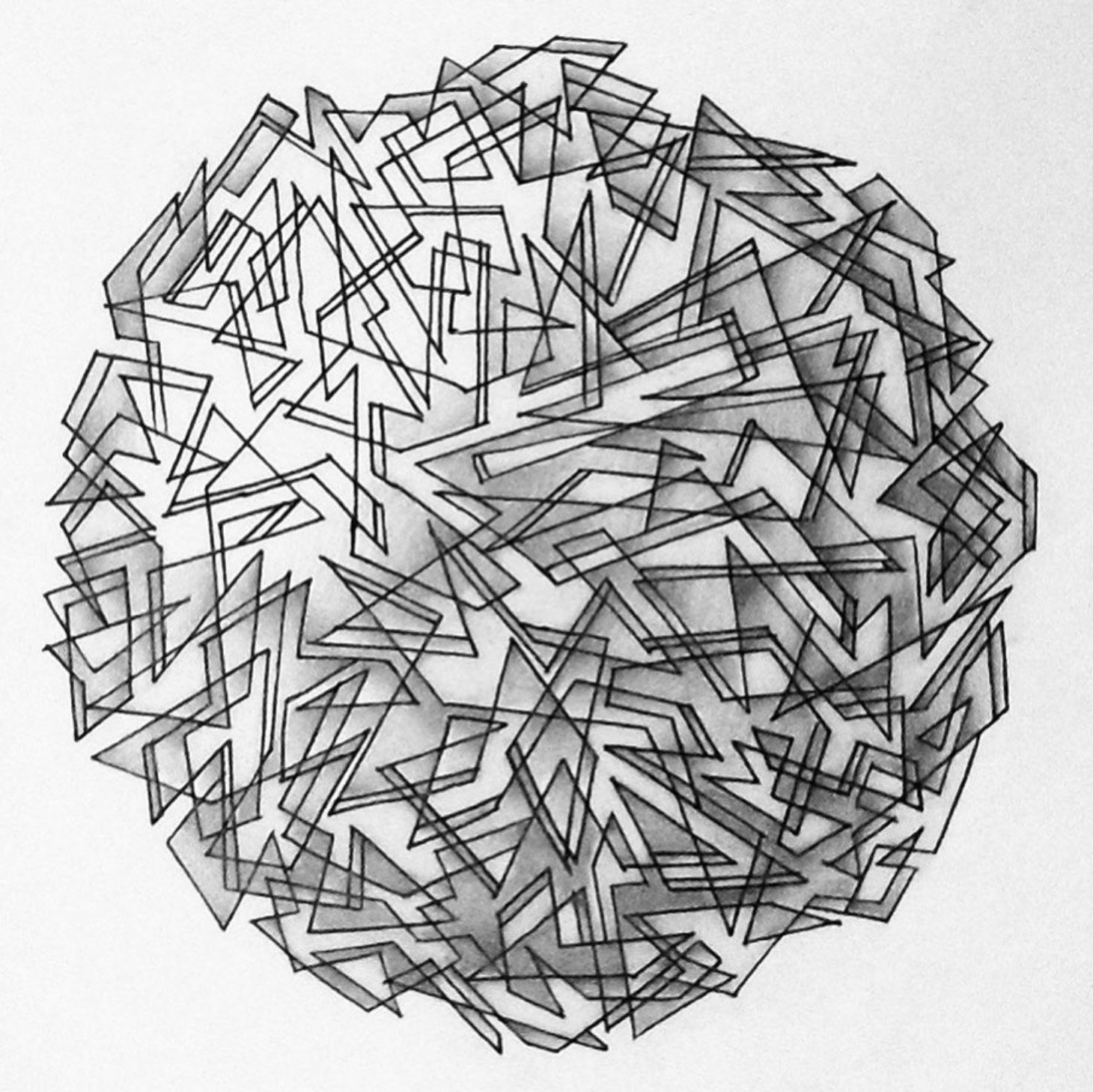 black and white abstract geometric mandala line drawing with shading