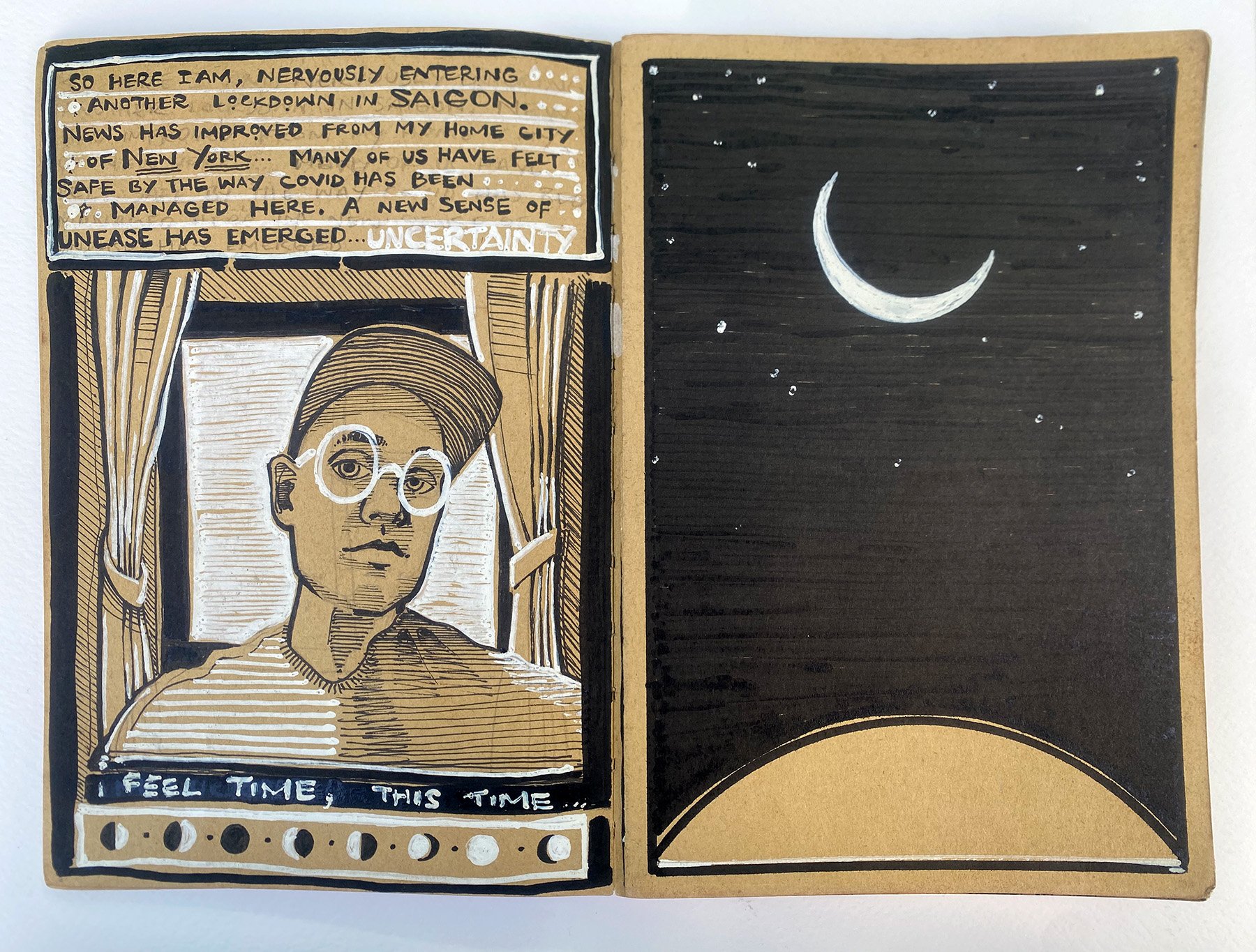 A black and white drawing of a person lying in bed, wearing glasses and a hat. The person appears to be looking out of or at a window, with a calm expression. The background includes text on a sign or board that reads: "So here I am, nervously enteri