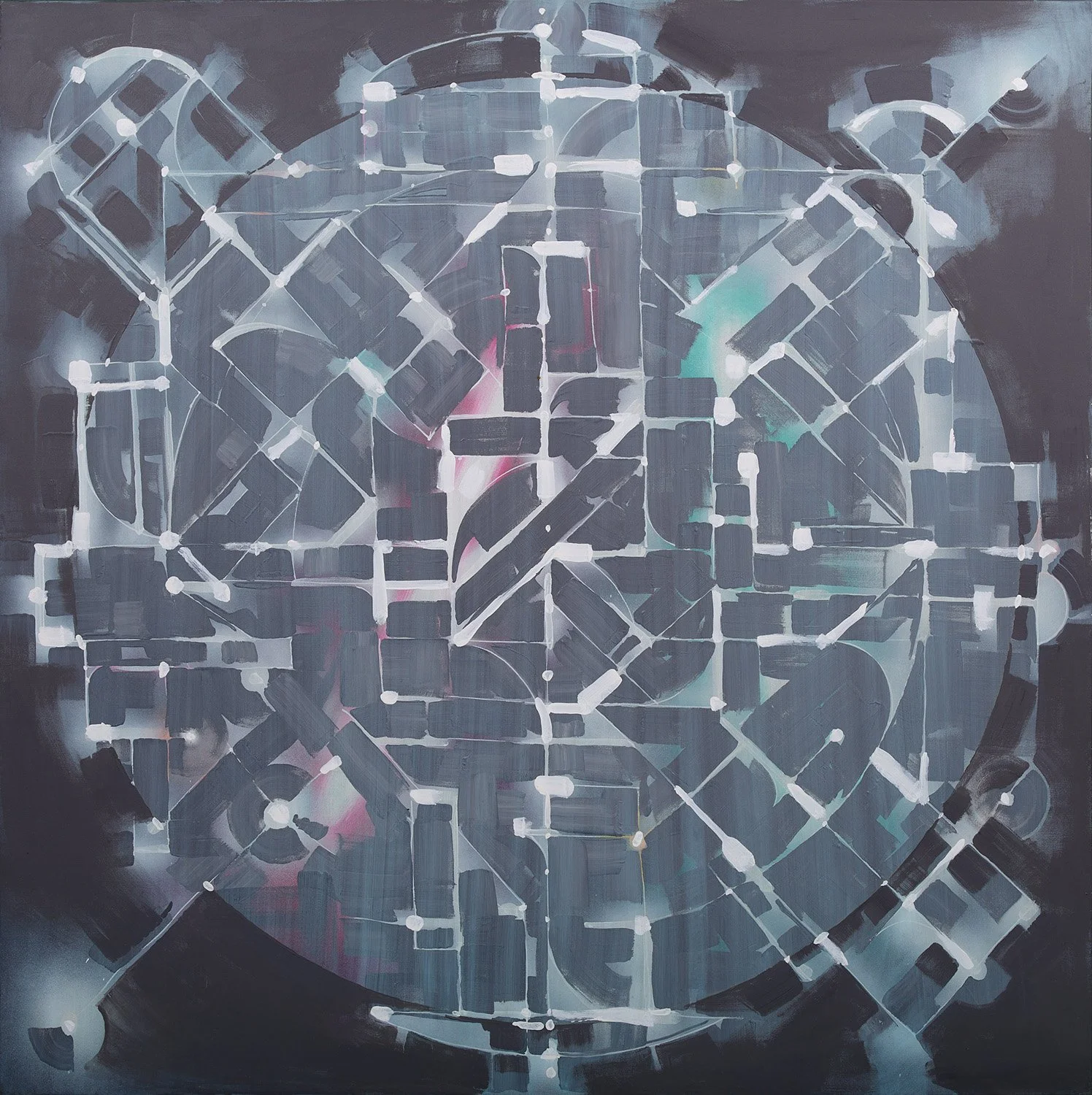 grey white  green and red abstract geometric mandala painting