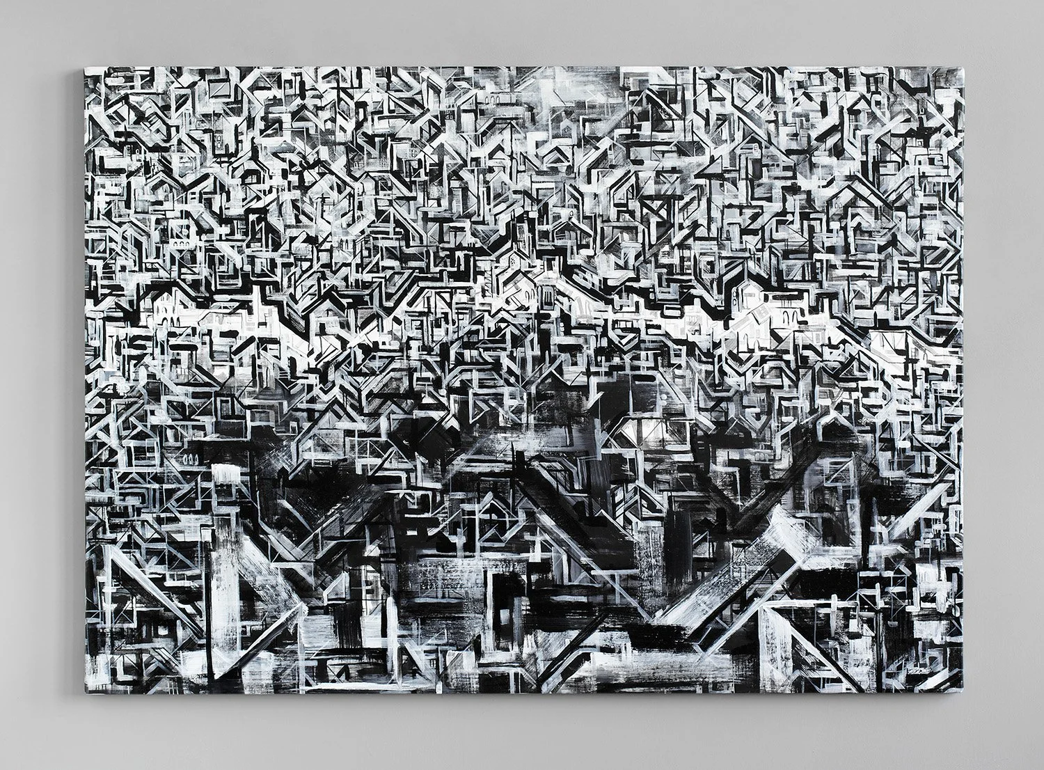 black and white cityscape painting made with repetitive geometric lines 