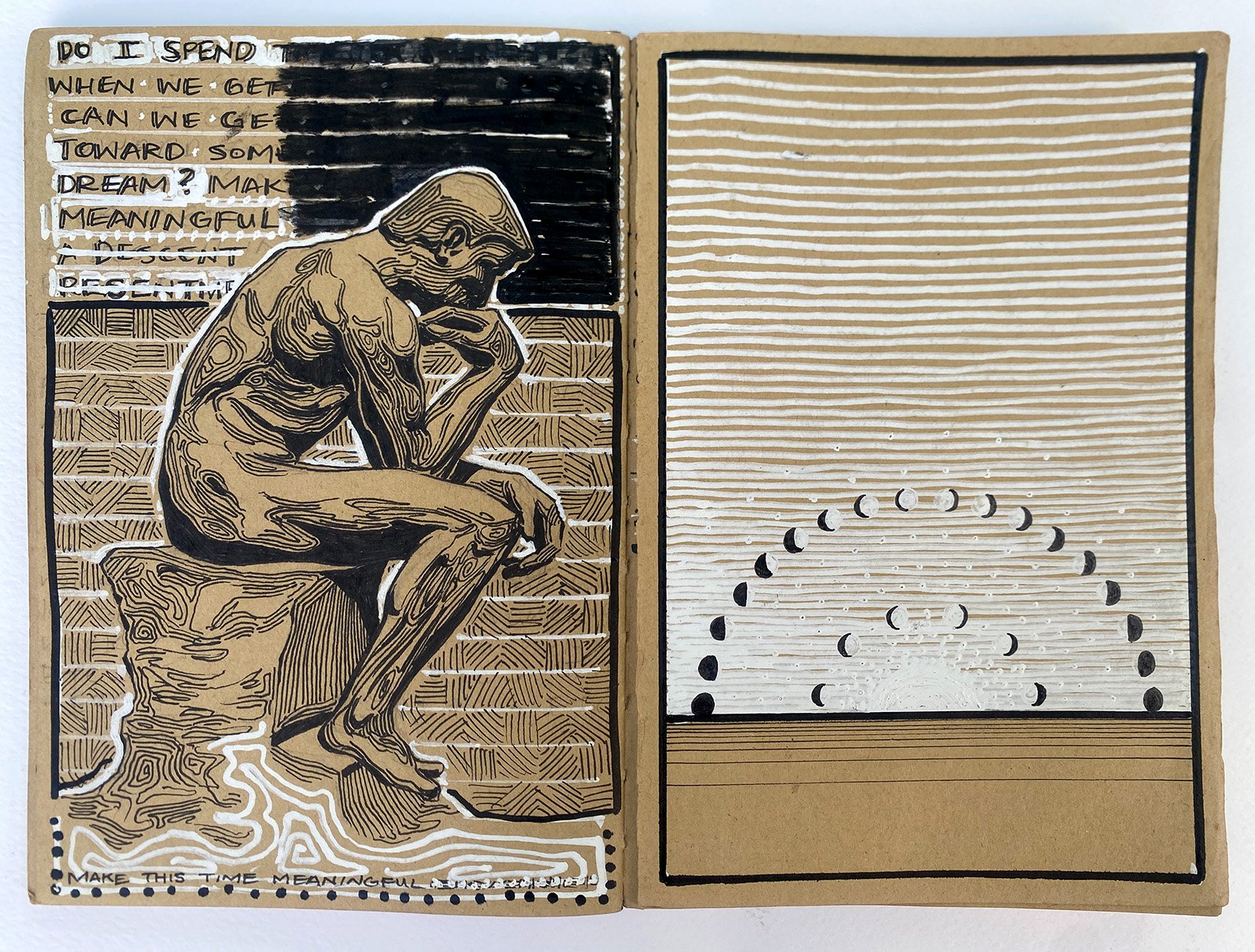 An illustrated open book with a drawing of 'the thinker', a man in deep contemplation. The left page contains written text and the right page has patterns and circles, resembling a conceptual or artistic display of lunar cycles.