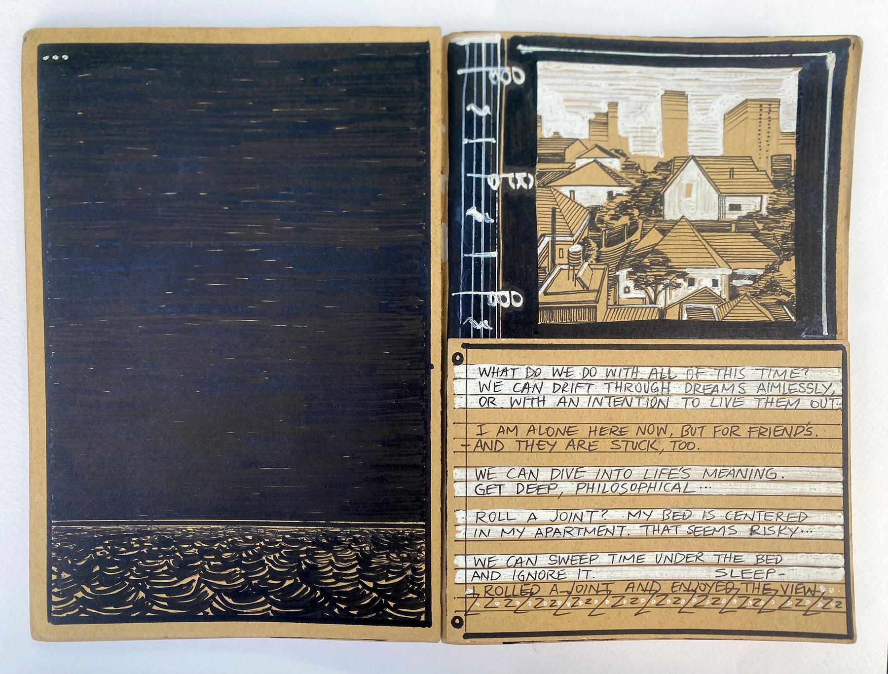 A drawing of a cityscape with houses, trees, and tall buildings in the background. The drawing is detailed with white, brown, and black colors, and is depicted on the right page of an open notebook. The left page is blank with black color and some li
