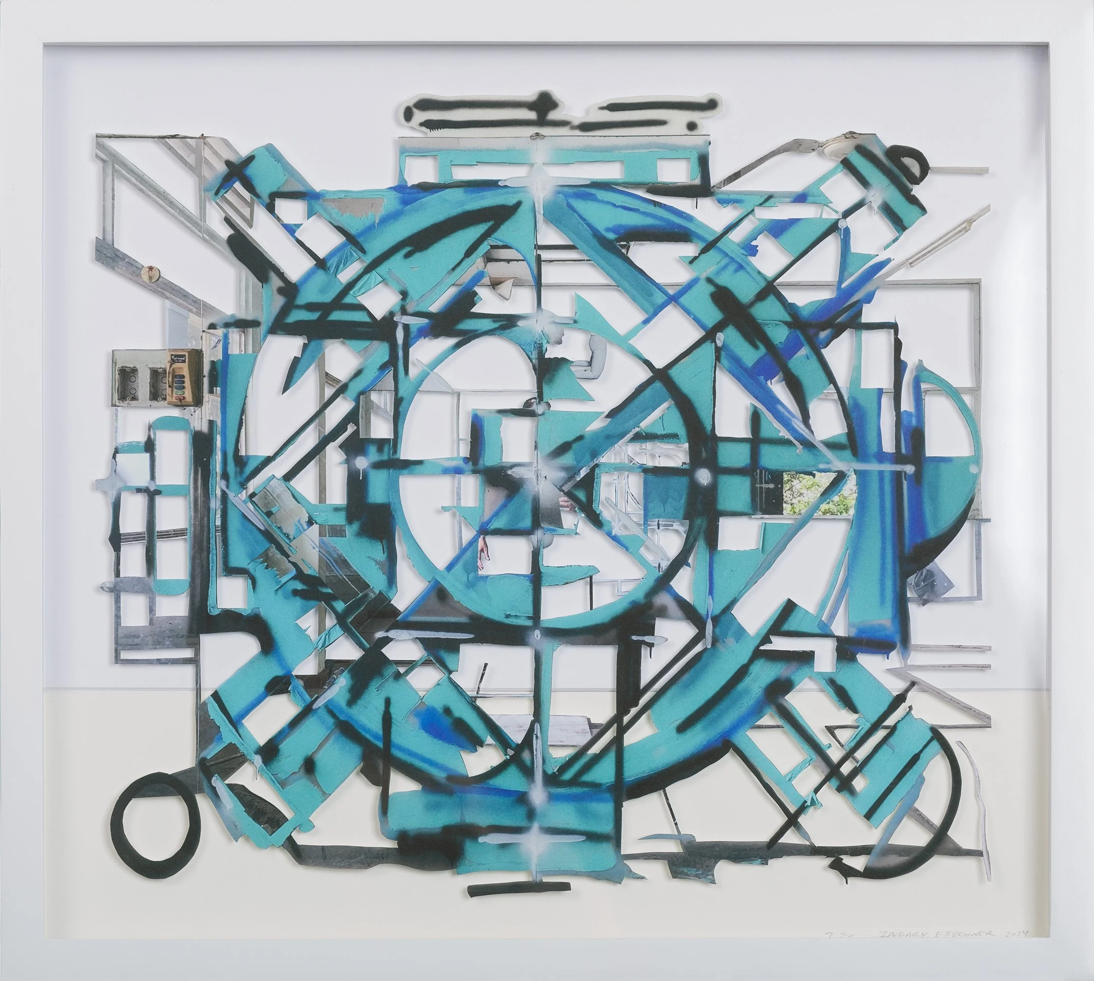 an abstract geometric cut photograph of a spray painted mandala on a white surface