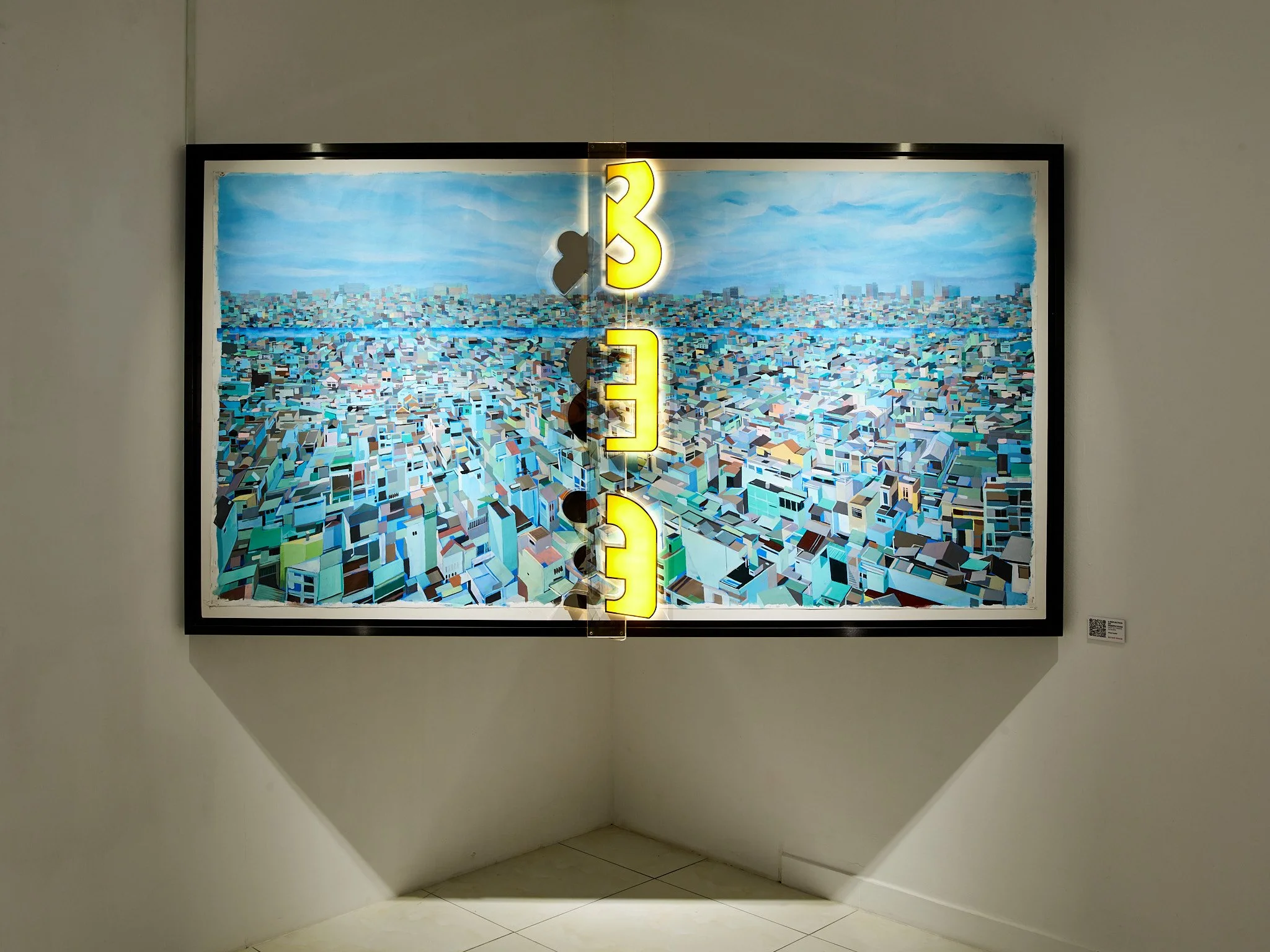 blue toned painting of dense roof tops with mixed media sign across the center in yellow