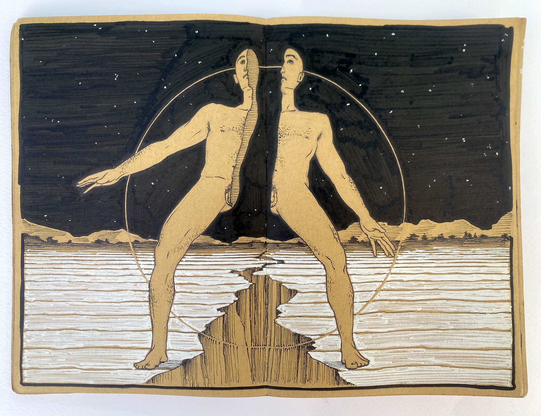 Illustration of a man being split in two, with a starry night sky background and a sun or moon on the horizon.