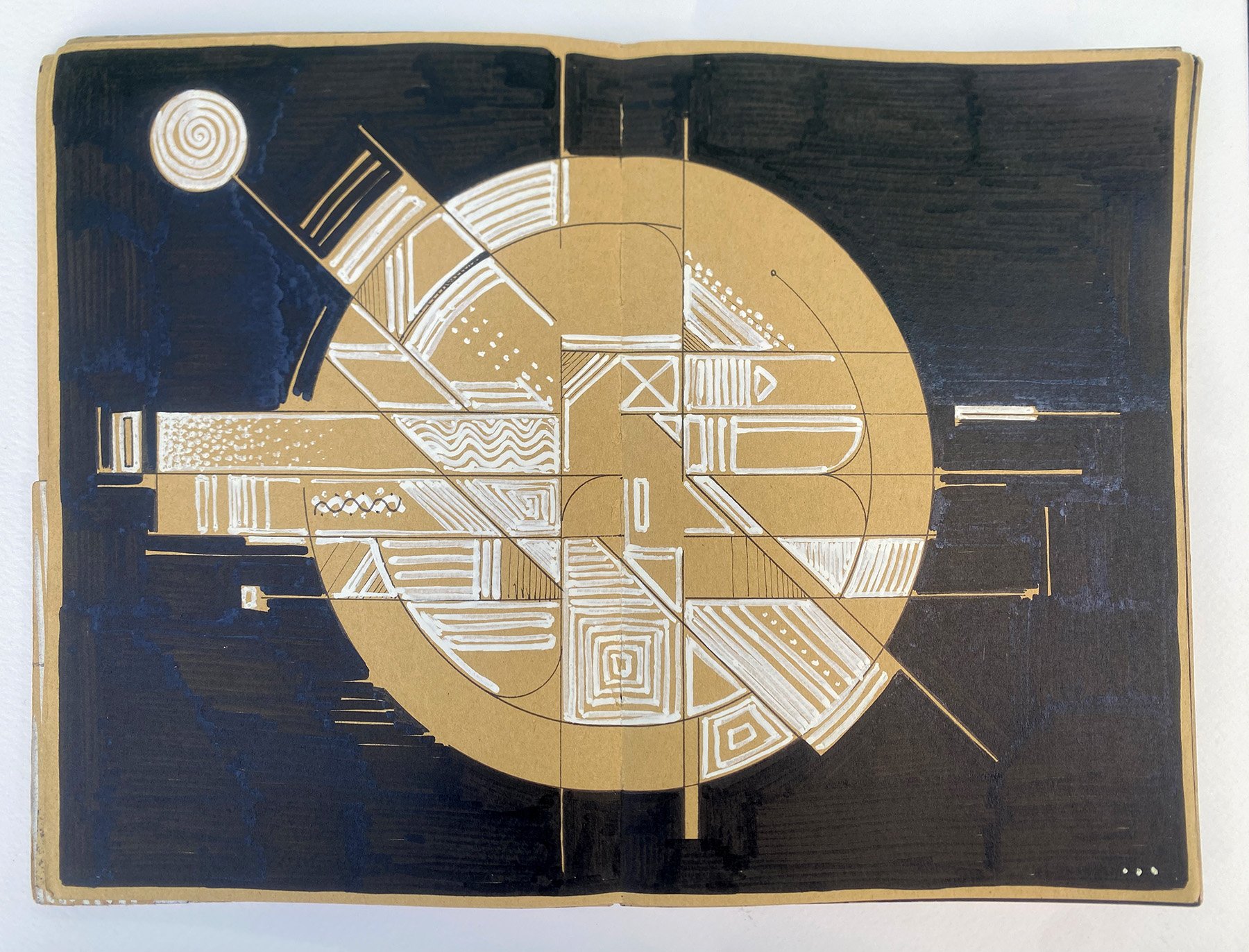 Black and gold geometric abstract artwork with a circular pattern and intricate line designs.