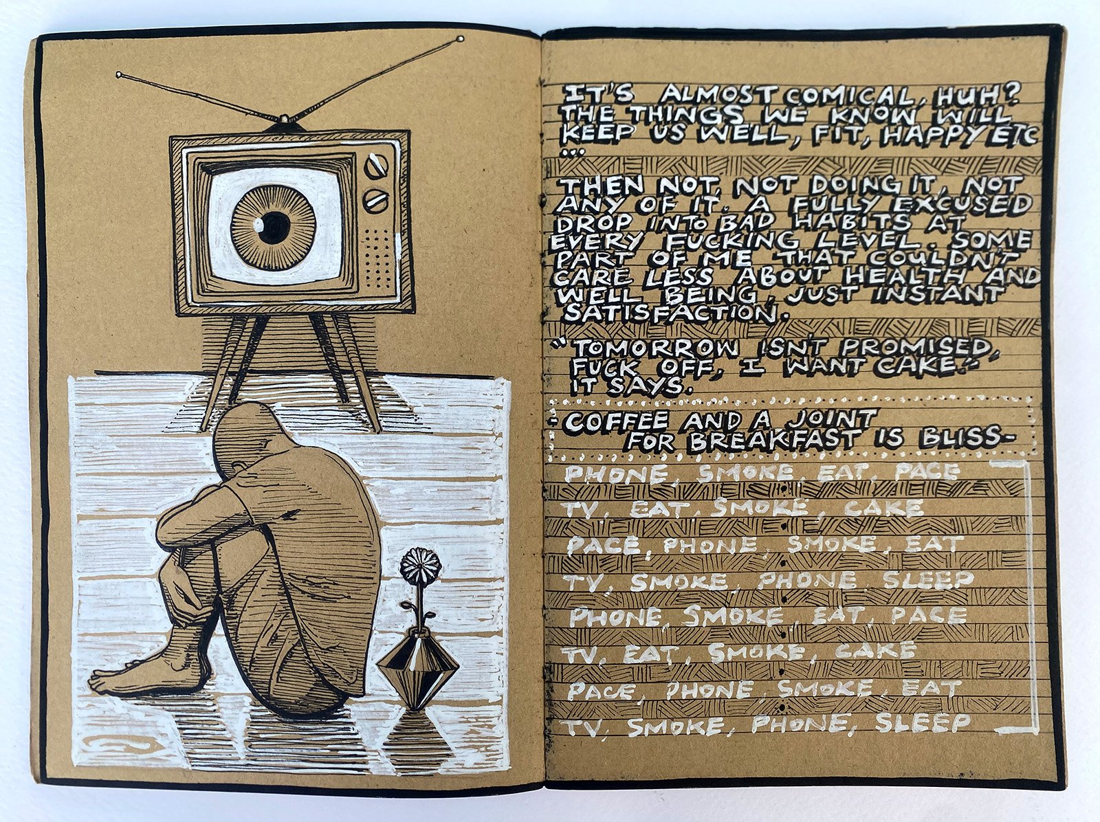 A brown sketchbook page with a drawing of a person sitting on a globe with a flower and a small geometric sculpture next to them. On the right side, handwritten text discusses habits, health, and enjoyment, mentioning coffee, smoking, and TV.