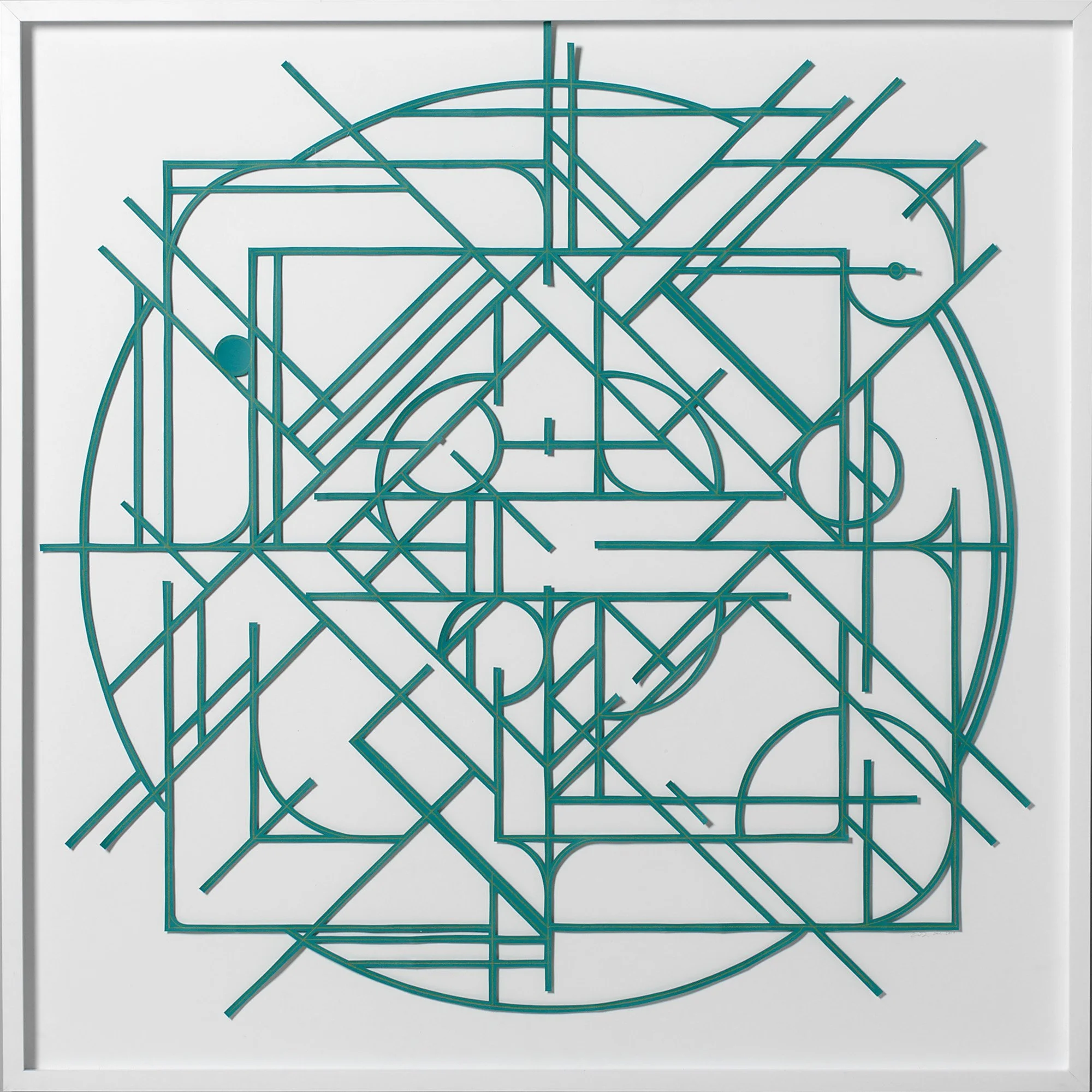 abstract geometric mandala artwork from cut green paper on a white wall