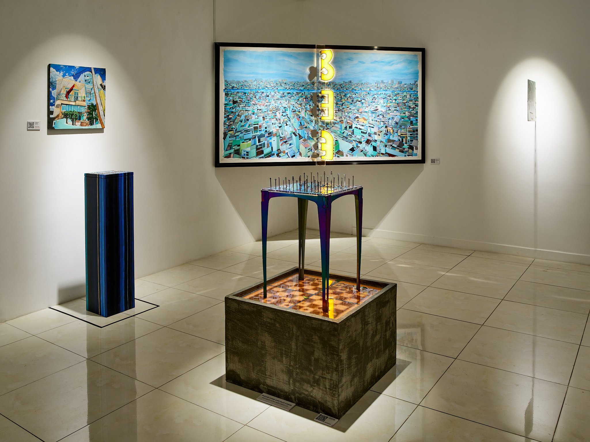 art exhibition by zac buehner with mixed media installation paintings and a sculptural chess set