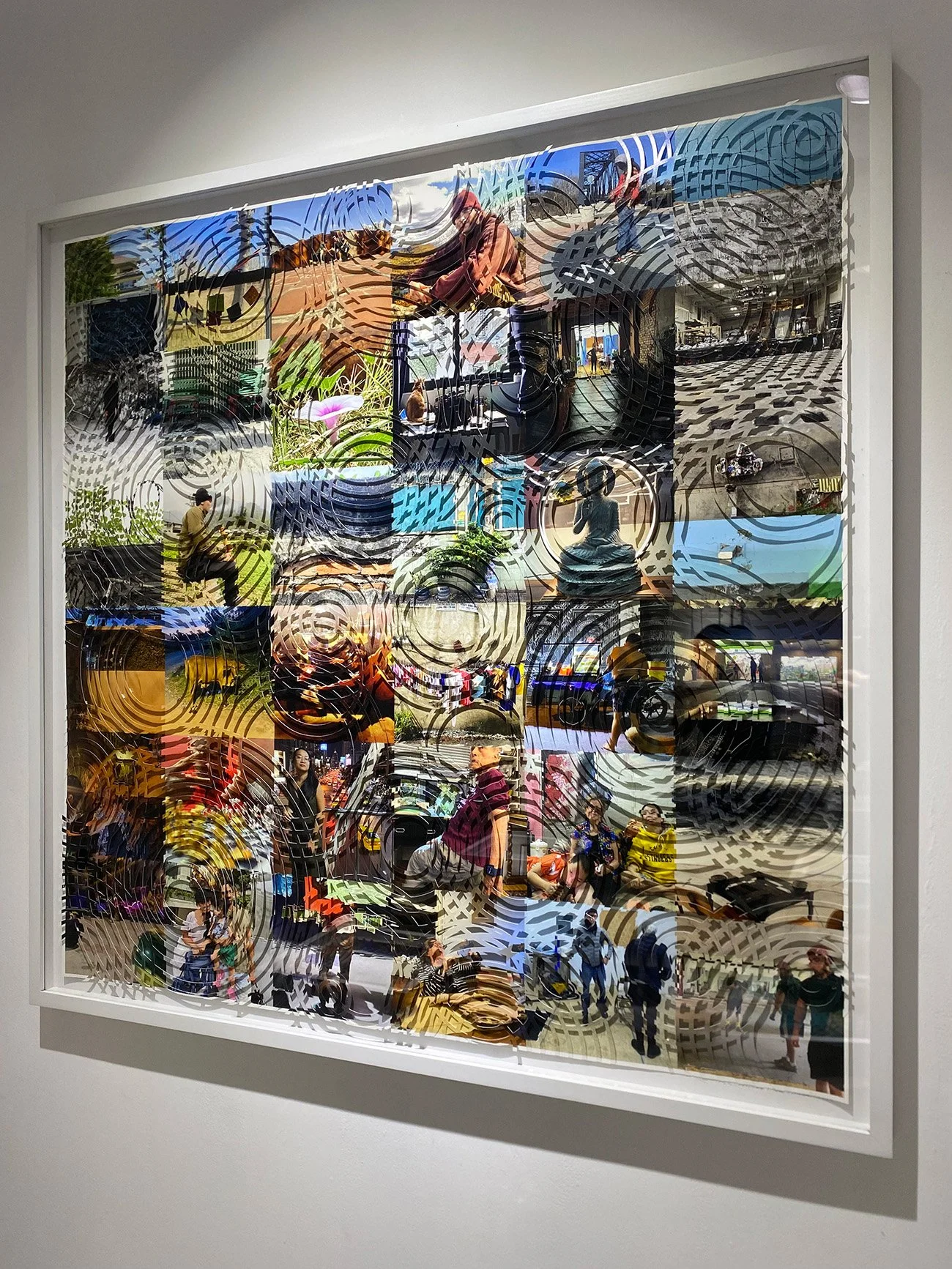 a colorful square grid montage of photographs cut to look like the surface is agitated by rain on water