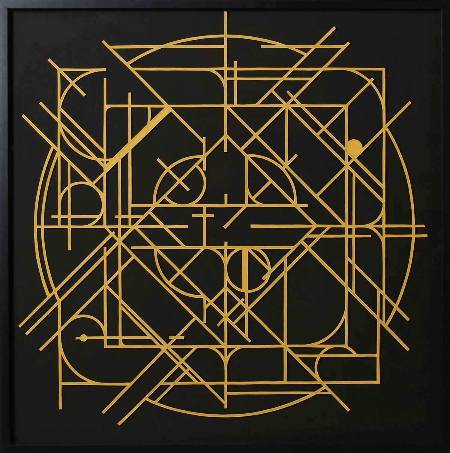 abstract geometric mandala artwork from cut yellow paper on a black surface