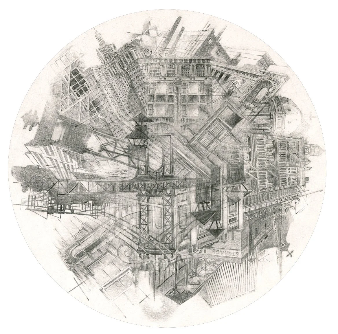 A pencil sketch of an upside-down cityscape featuring tall buildings, a crane, street lamps, and store signs.