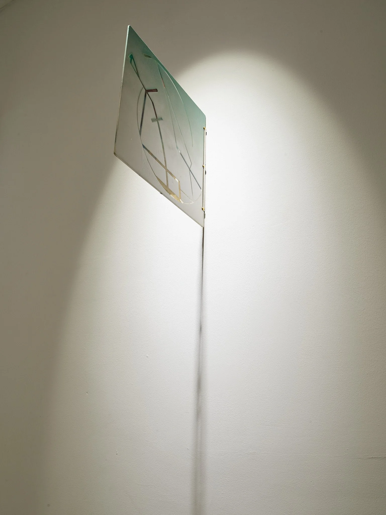 small square abstract geometric painting sticking out of the wall like a flag