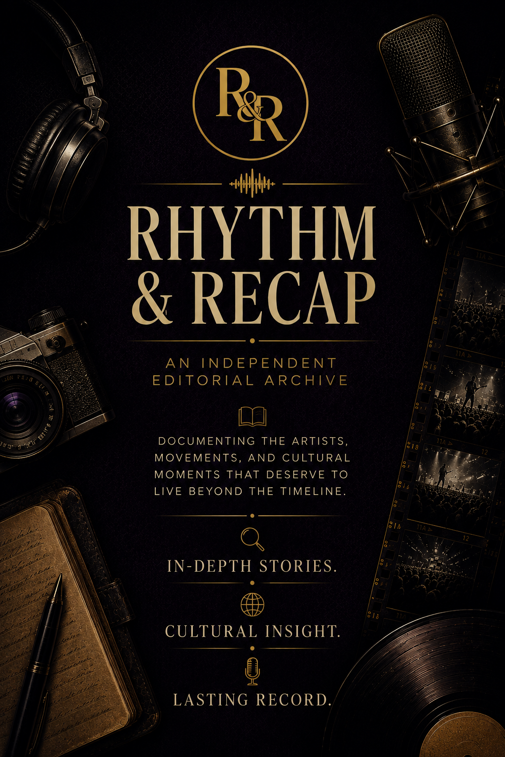 Poster for 'Rhythm & Recap,' an independent editorial archive documenting artists, movements, and cultural moments with photos of a microphone, camera, film strip, notebook, pen, and records.
