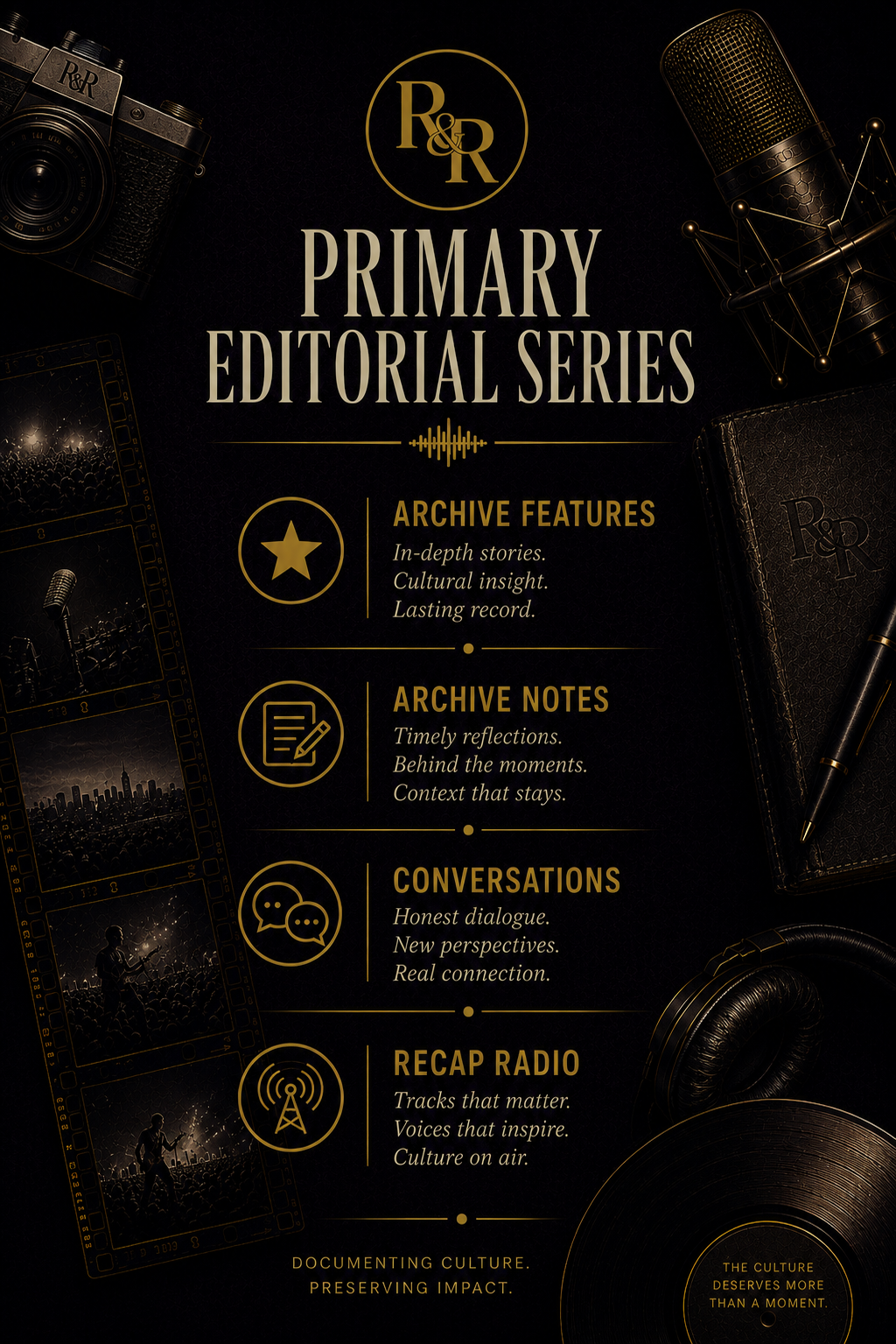 A promotional poster for R&R Primary Editorial Series. Features a black background with gold accents, includes images of a camera, microphone, film strip, and headphones. Highlights archive features, notes, conversations, and recap radio, emphasizing documenting culture and preserving impact.