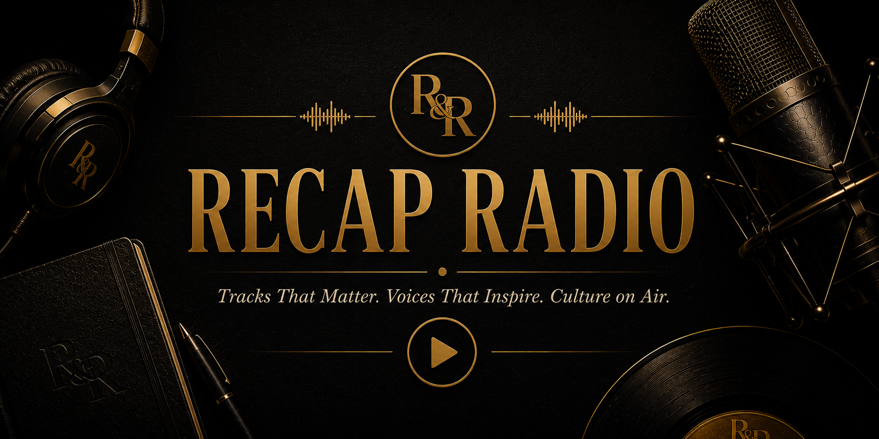 Black and gold graphic for Recap Radio with headphones, microphone, notebook, and pen, featuring the R&D logo and the tagline "Tracks That Matter. Voices That Inspire. Culture on Air."