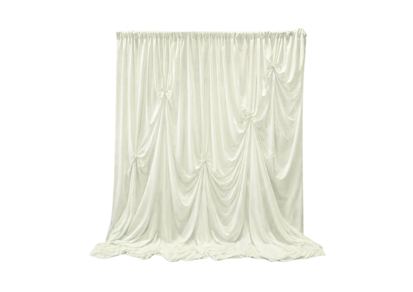 Cream-colored draped fabric backdrop with gathered and ruched details.
