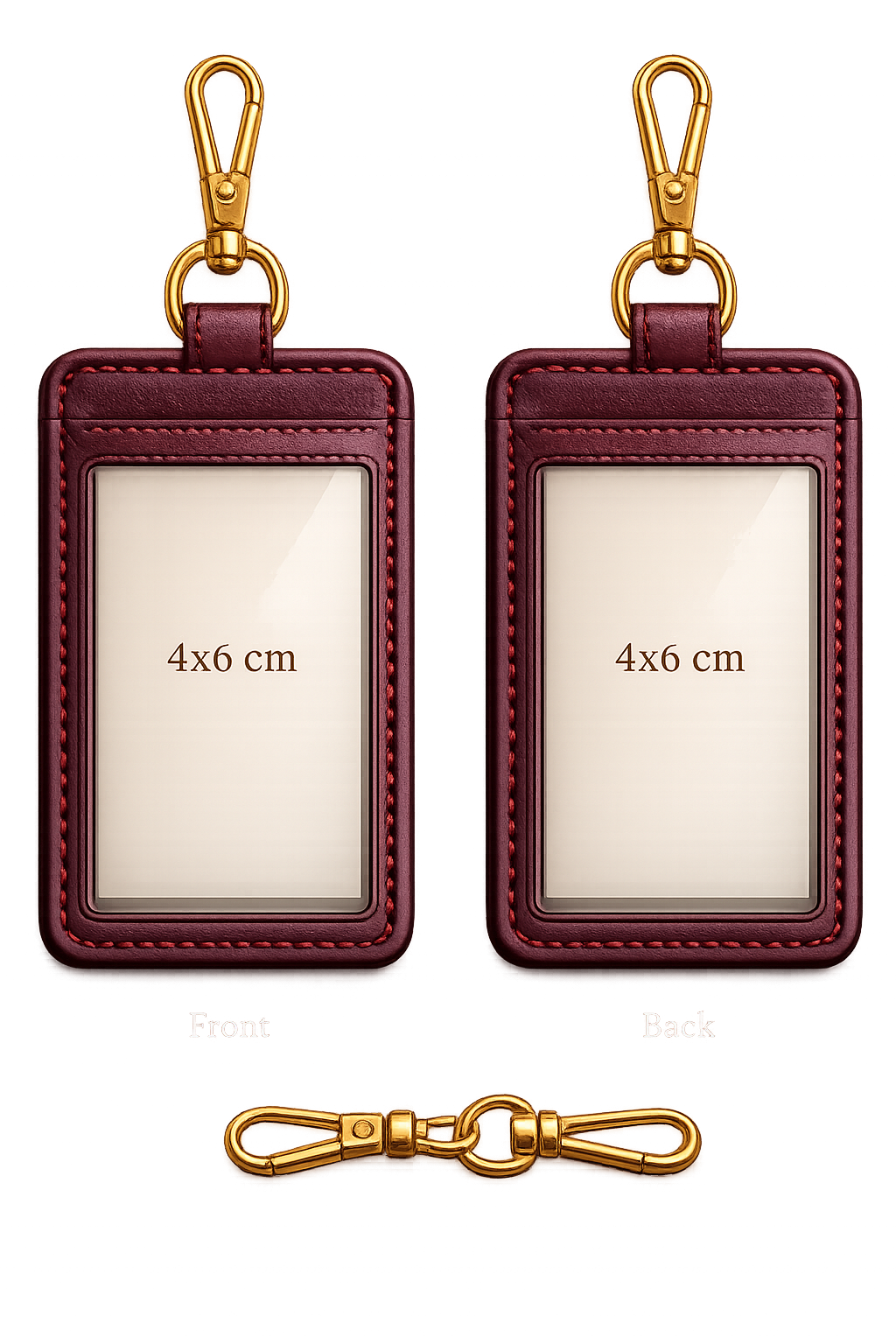 Two leather badge holders with gold clips, each containing a 4x6 cm ID card slot, with a gold clasp at the bottom.
