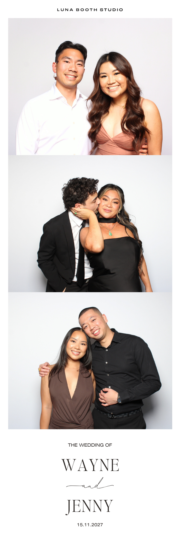Three photo booth images from a wedding, featuring different couples in formal attire, with a title and date at the bottom reading "The Wedding of Wayne and Jenny 15.11.2027".
