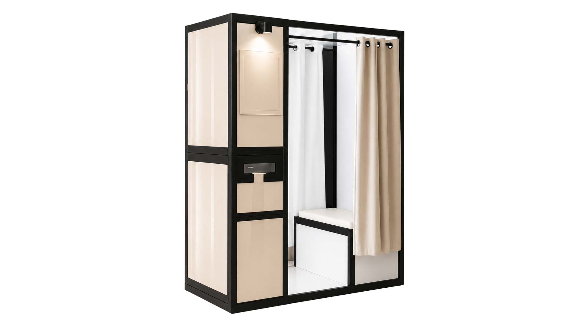 Fashion boutique changing room with curtain, bench, and built-in storage compartments.