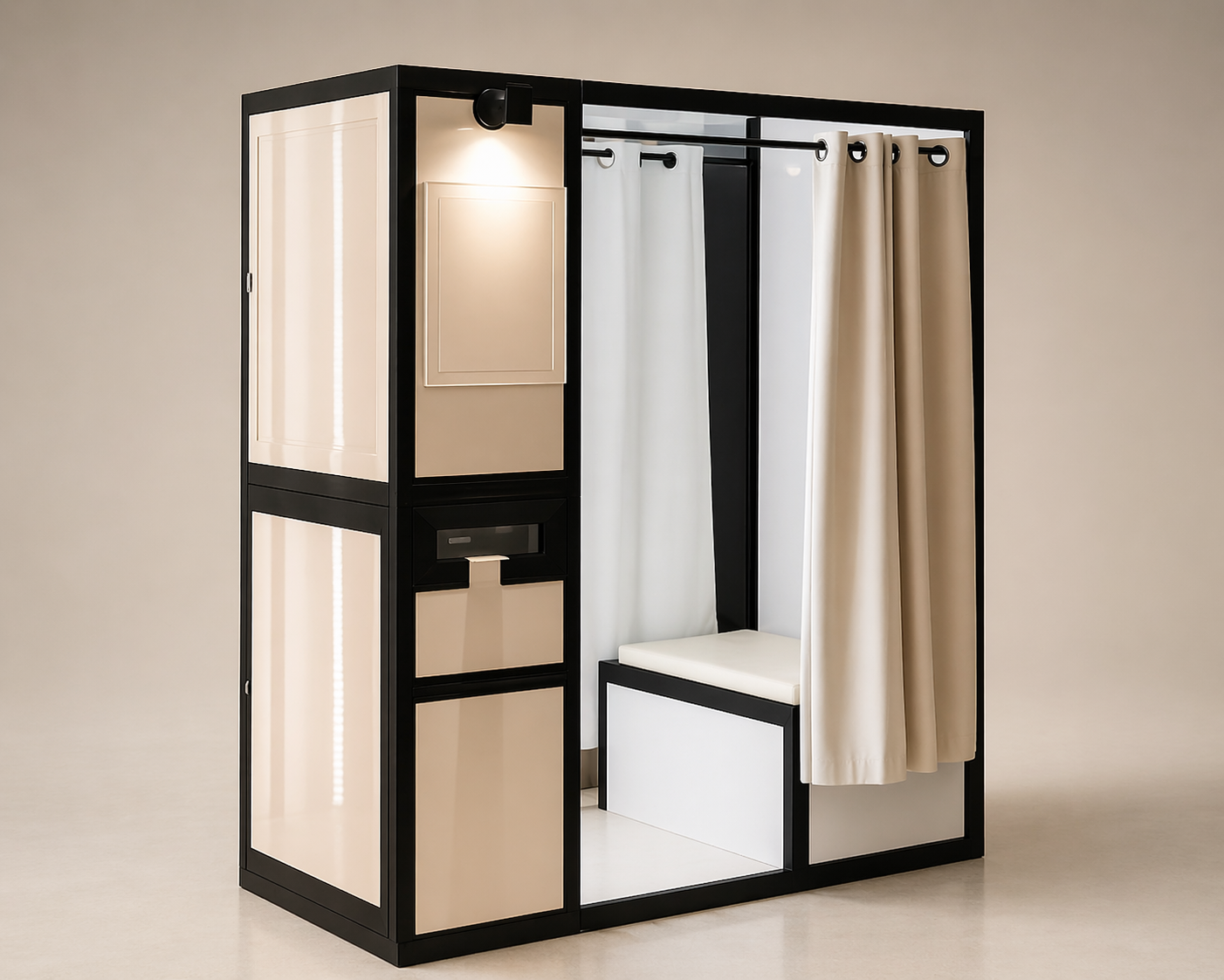 A modern, enclosed photo booth with black framing, white interior, beige curtains, and a padded seat inside.