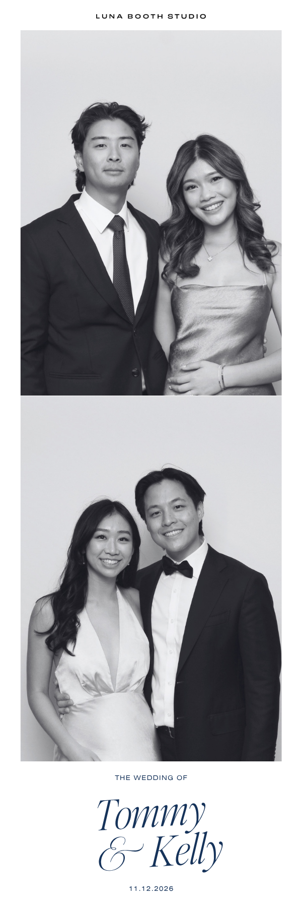 Black and white wedding photo featuring two couples in formal attire, with the top couple standing and the bottom couple standing side by side, smiling, with text below reading "The Wedding of Tommy & Kelly" and the date "11.12.2026."