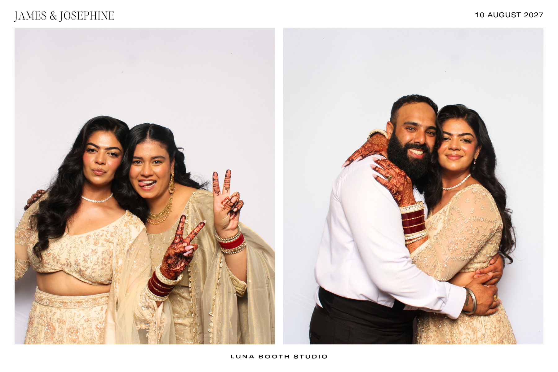 Two photos of a woman and a man at a wedding. In the first photo, the women are dressed in traditional Indian clothing and jewelry, with henna on their hands, and are smiling, with one making a peace sign. In the second photo, the man and woman are embracing and smiling, with the man wearing a white shirt and black pants, and the woman in a beige embroidered dress. The background is white.
