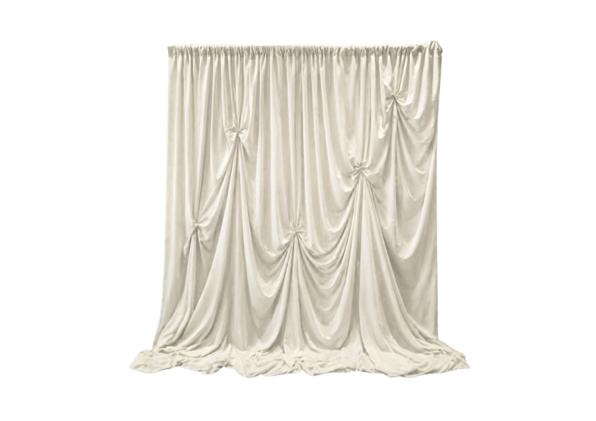 White fabric curtain with gathered and draped folds hanging on a frame.