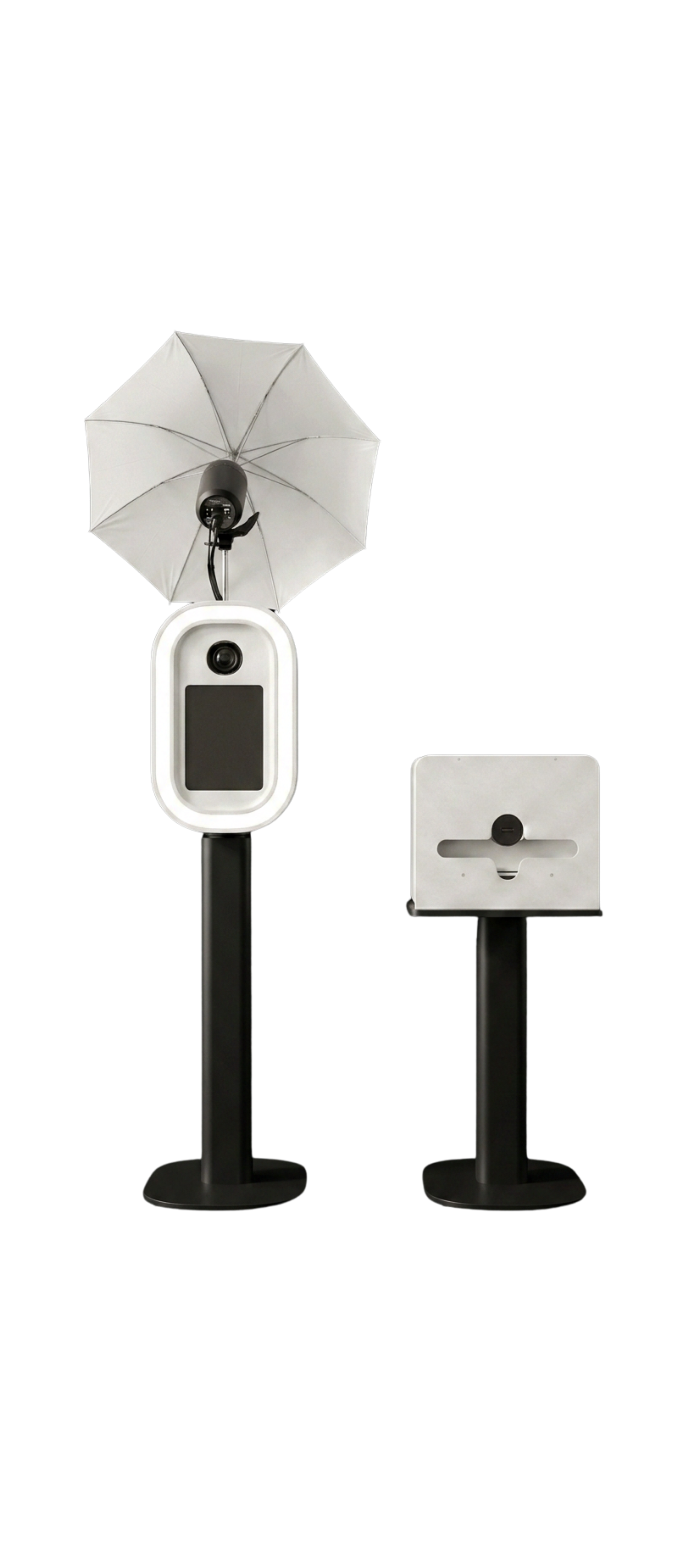 A photo of a thermal imaging camera with a white umbrella attached to it, mounted on a black stand, against a black background.