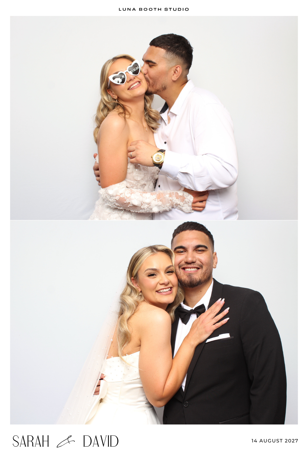 Two wedding photos of a couple, one in a white wedding dress kissing a man in a white shirt, the other in a black tuxedo hugging the woman. The couple is smiling in both photos. The bottom of the image contains the names "Sarah & David" and the date "14 August 2027."