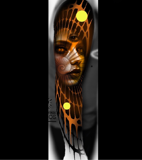 Daniel Armitage, Calgary Alberta, Surrealist Tattoo Artist, YYC A woman with face makeup resembling a giraffe's pattern, partially obscured by a black and white object, with a spiral pattern reflected in her eyes.
