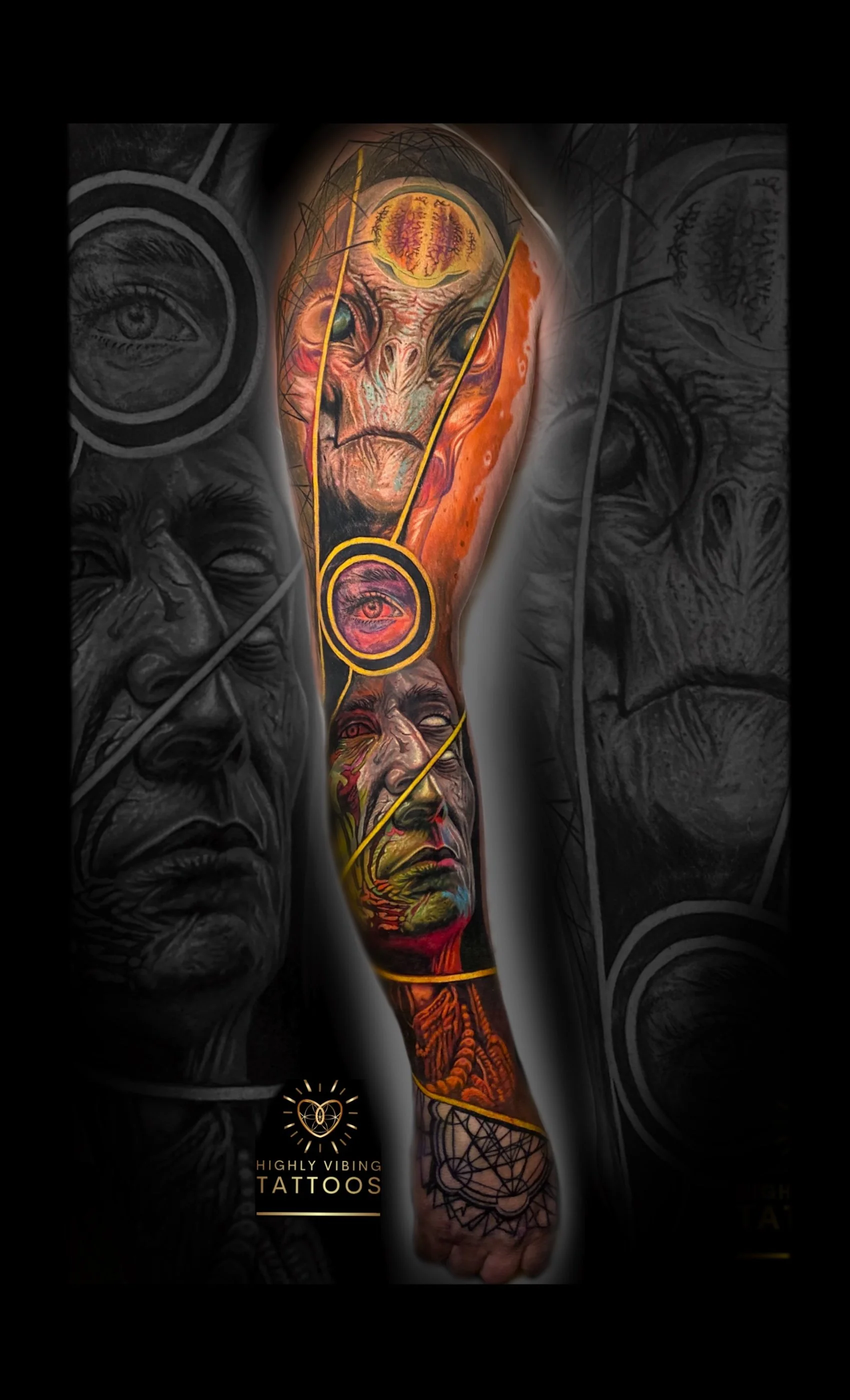 Colorful tattoo sleeve featuring faces and various designs on an arm, with a black background.