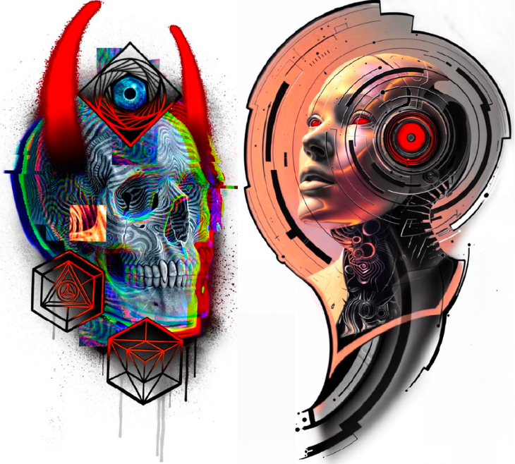 Digital artwork featuring a skull with vibrant colors and geometric patterns on the left, and a futuristic robotic face with glowing red eyes and circuit-like details on the right. Daniel Armitage, Calgary Alberta, Surrealist Tattoo Artist, YYC