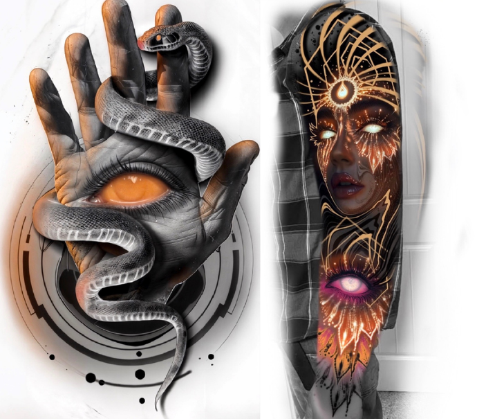 Daniel Armitage, Calgary Alberta, Surrealist Tattoo Artist, YYC A surreal artwork featuring a hand with a snake wrapped around it and an eye in the palm, alongside a woman with glowing makeup and modern tattoos.