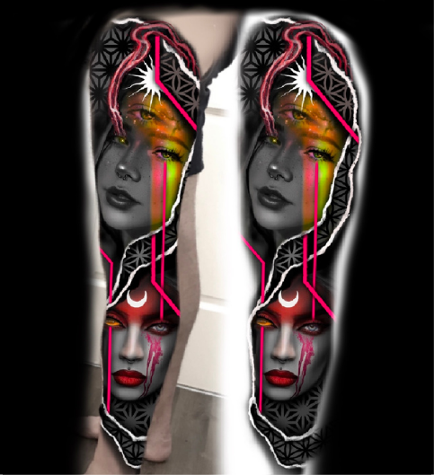 Daniel Armitage, Calgary Alberta, Surrealist Tattoo Artist, YYC Multicolored mirror tattoos of a woman's face with neon accents and geometric patterns.